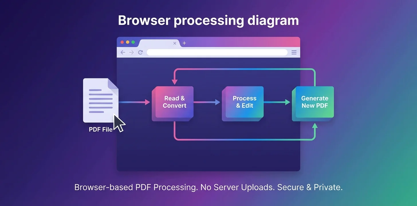 Дыяграма, якая паказвае паток апрацоўкі PDF цалкам у браўзеры, без загрузкі на сервер