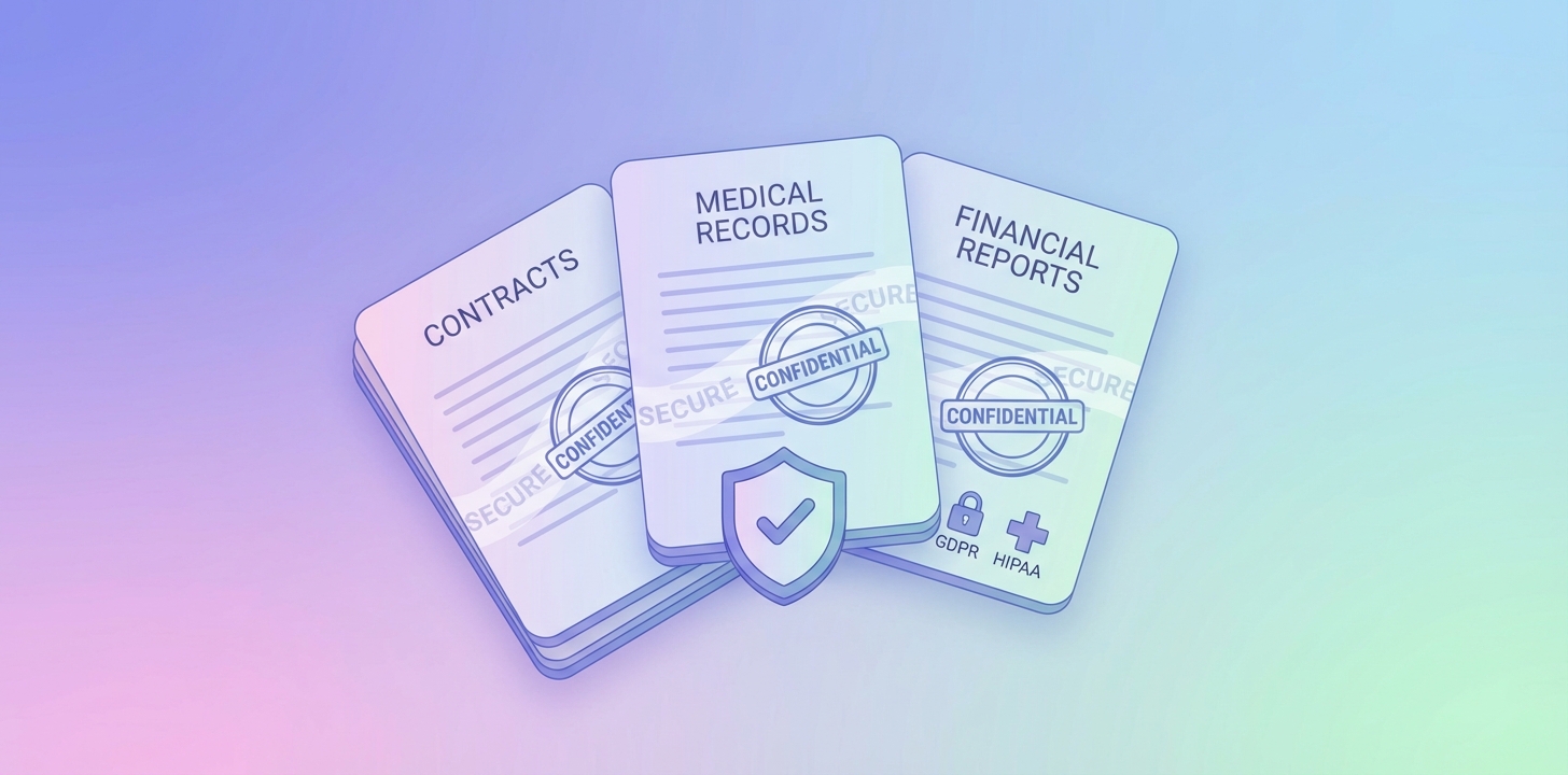 Канфідэнцыяльныя дакументы — кантракты, медыцынскія запісы, фінансавыя справаздачы з бейджамі адпаведнасці GDPR і HIPAA